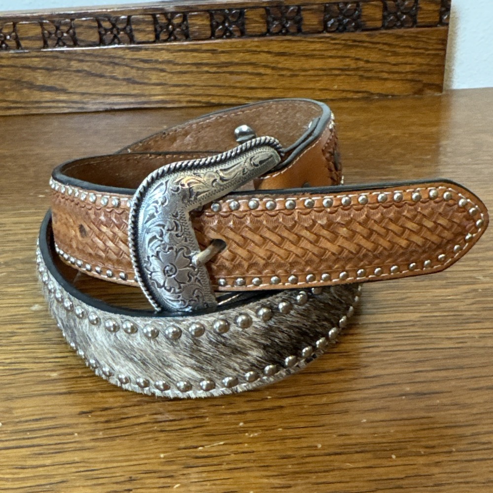 Ranger Brown leather And Calf Hair Size 28 Belt Crosses Basket Weave Tooling